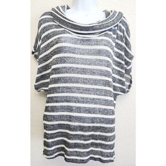 Papaya Gray White Silver Metallic Striped Cowl Neck Sweater Top Large Soft - Picture 1 of 5